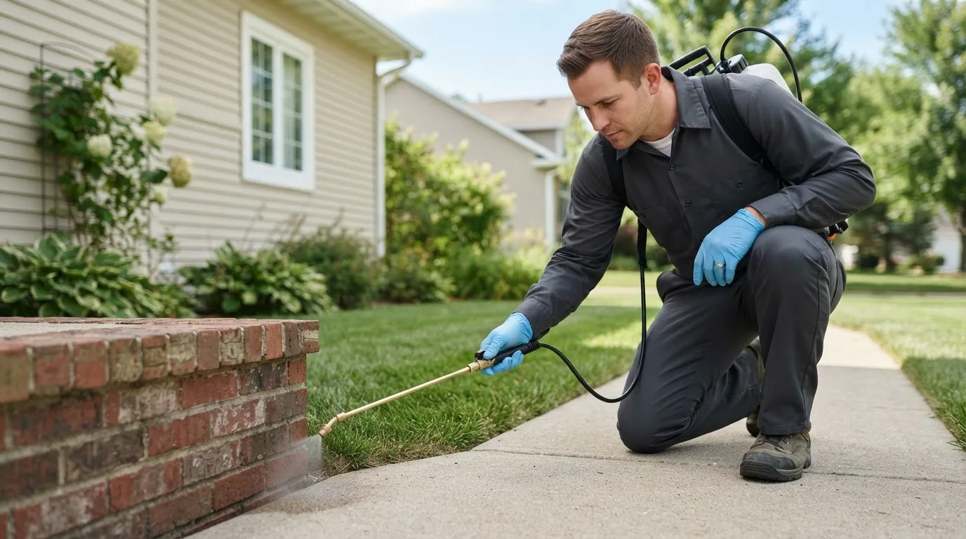 Pest control technician treating a home near Rock, KS